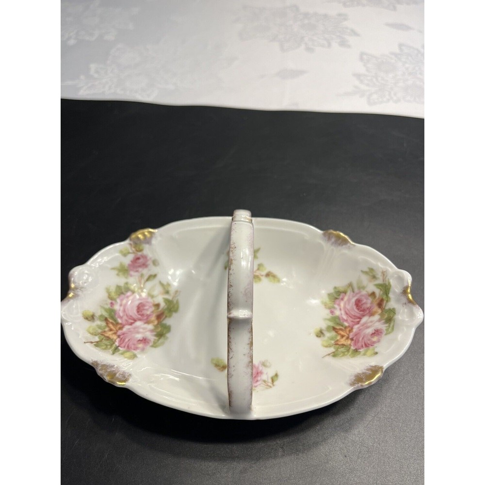 Vintage Limoges France Cabbage Rose Pink Floral Handled Candy Dish Trinket